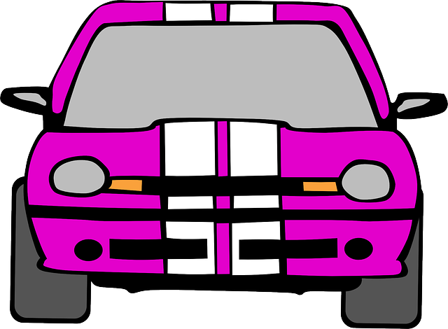 kreslené růžové auto, bílé pruhy